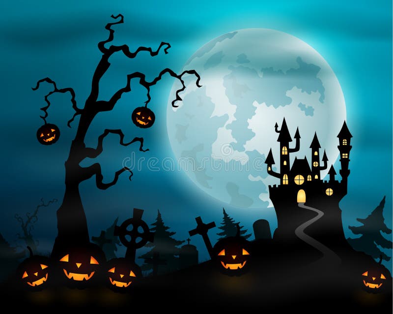 Halloween Night Background with Pumpkins, Castle and Full Moon Stock ...