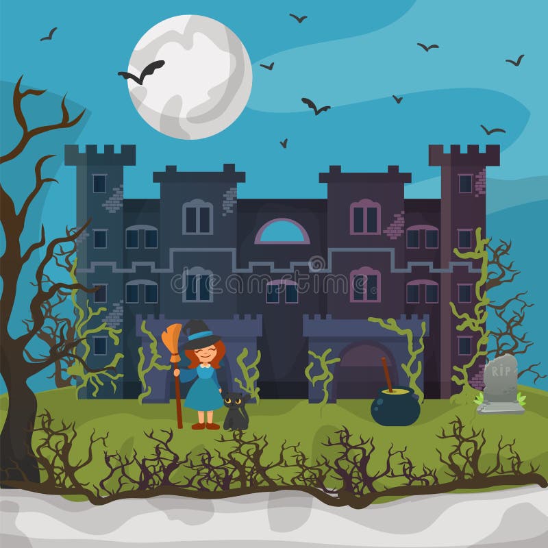 Halloween Night Background, Vector Illustration. Dark Castle Design and  Scary Moon, Girl Witch Character with Cartoon Stock Vector - Illustration  of house, horror: 187268628