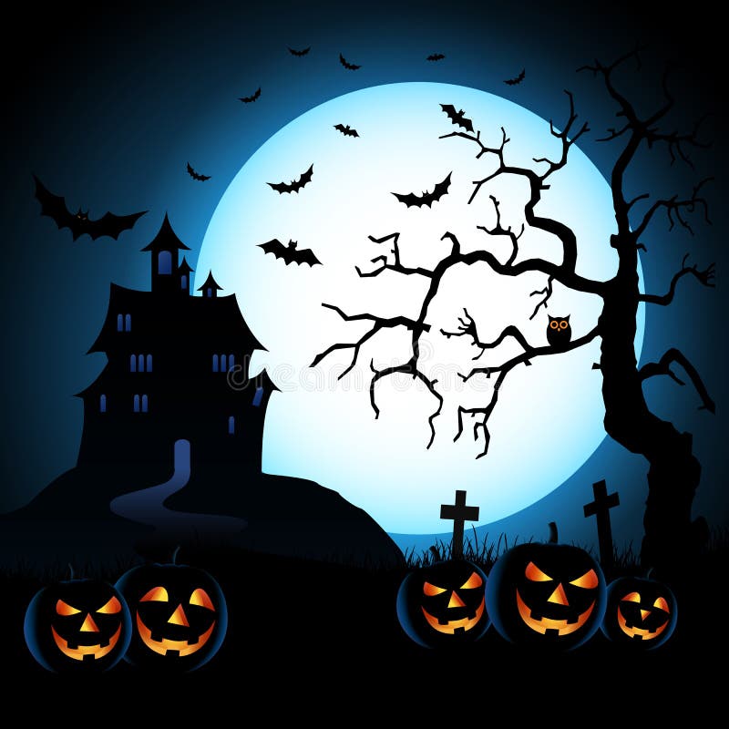 Halloween Night Blue Background with Pumpkins and Scary Castle Stock ...