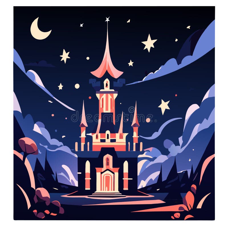 Halloween Night Landscape with Castle, Moon and Stars. Vector ...