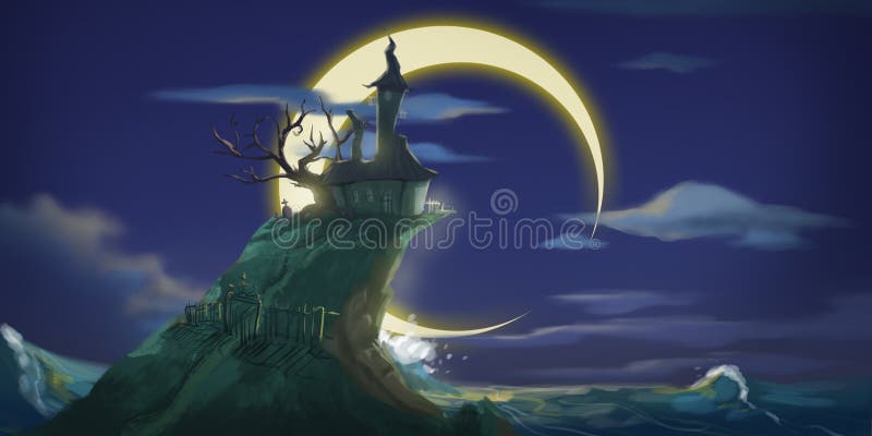 Halloween Night Moon and Mountain. Fiction Backdrop. Concept Art