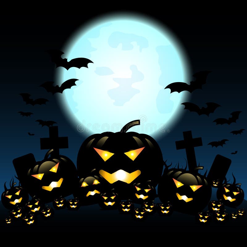 Halloween Night with Pumpkins and Blue Moon Stock Illustration ...