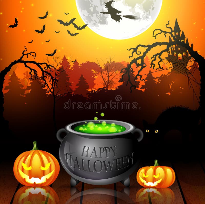 Halloween-Parteihintergrund mit Kürbisen, Topf und Fliegenhexen im Vollmond lizenzfreie abbildung Halloween-Parteihintergrund mit Kürbisen, Topf und Fliegenhexen im Vollmond lizenzfreie abbildung