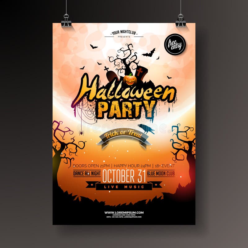 Halloween Party flyer vector illustration with pumpkin and bats on mysterious moon background. Holiday design template