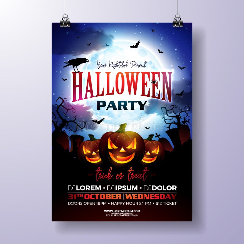 Halloween Party flyer vector illustration with scary faced pumpkin on mysterious moon background. Holiday design