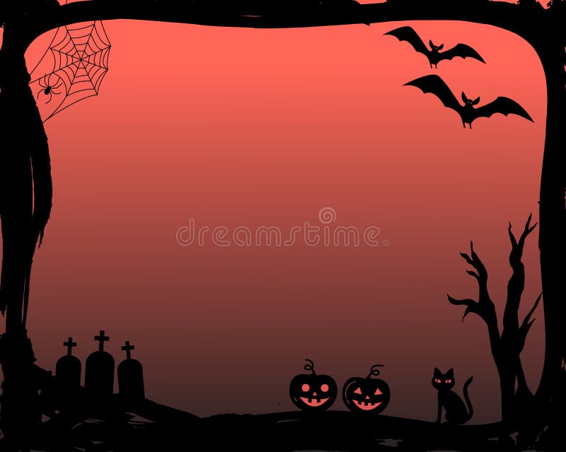 Halloween party invitation in vector frame with silhouettes of bats, cat, pumpkin, graves, spider web and dead tree on stock illustration Halloween party invitation in vector frame with silhouettes of bats, cat, pumpkin, graves, spider web and dead tree on stock illustration