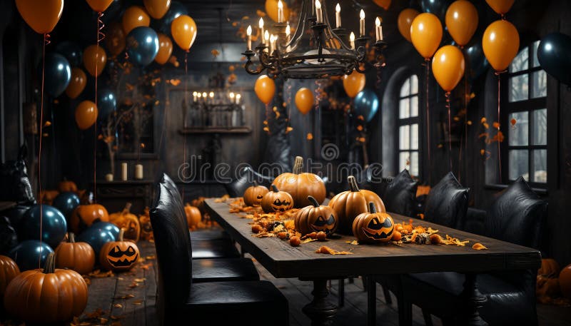 A whimsical Halloween party scene with colorful balloons, confetti  AI generated