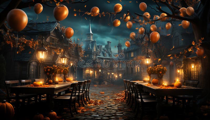 A whimsical Halloween party scene with colorful balloons, confetti  AI generated