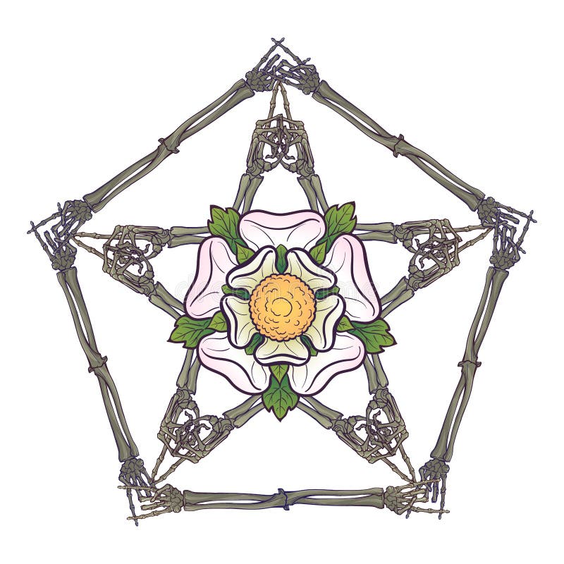Halloween pentagrame. Human hand bones arranged in an intricate gothic occult ornament with a stylized rose flower in stock illustration Halloween pentagrame. Human hand bones arranged in an intricate gothic occult ornament with a stylized rose flower in stock illustration