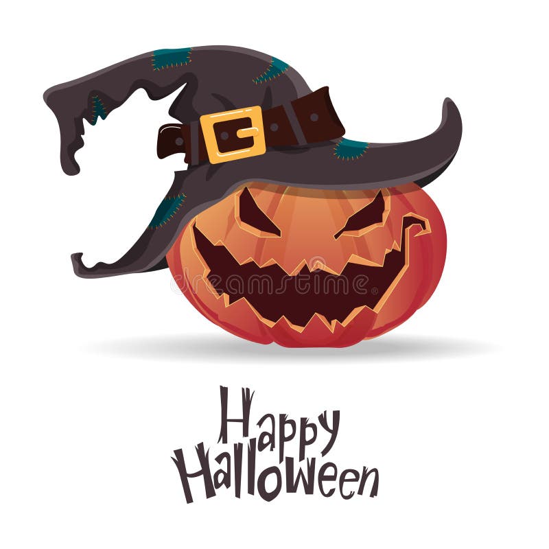 Halloween pumpkin carving in black witch hat. Happy Halloween typography. Cartoon vector. Vector Illustration. Halloween pumpkin carving in black witch hat. Happy Halloween typography. Cartoon vector. Vector Illustration.