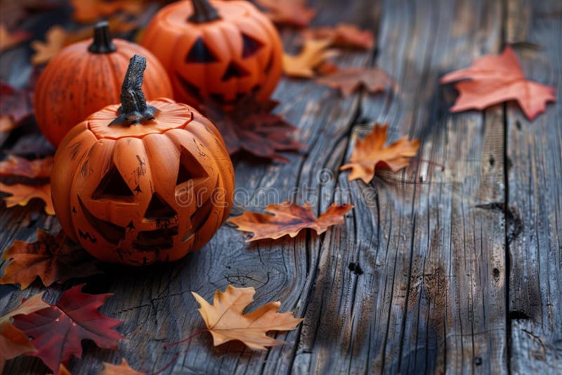 Halloween pumpkins on a wooden table with leaves. AI generated. Halloween pumpkins on a wooden table with leaves. AI generated