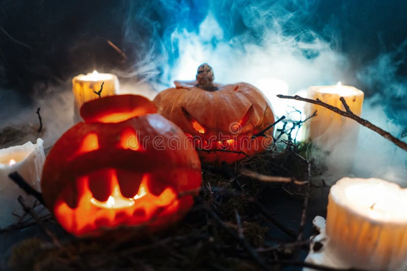 Halloween-pompoenen in een griezelig bos bij nacht stock afbeeldingen Halloween-pompoenen in een griezelig bos bij nacht stock afbeeldingen