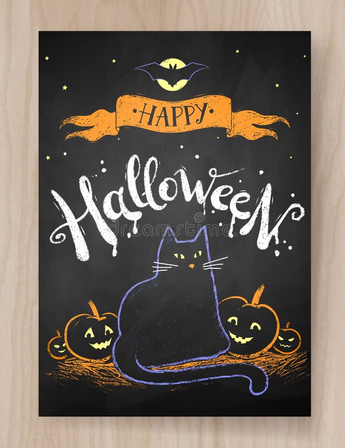 Halloween postcard color chalked design with black cat and pumpkins on wood background.