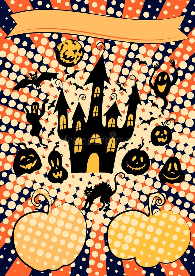 Halloween Poster-Vorlage: sprichwörtliche Burg auf dem Hügel, Fledermäuse, Kürbiskuppellattern, schwarze Katze und Mond stock abbildung Halloween Poster-Vorlage: sprichwörtliche Burg auf dem Hügel, Fledermäuse, Kürbiskuppellattern, schwarze Katze und Mond stock abbildung