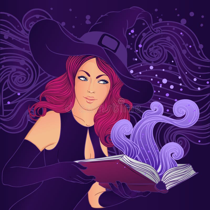 Halloween Pretty Witch with a Magic Book Stock Illustration