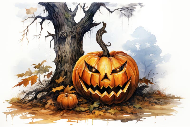 Dovleac de Halloween în pădurea de toamnă. ilustrare pe fond alb cu caracter generativ stock illustration