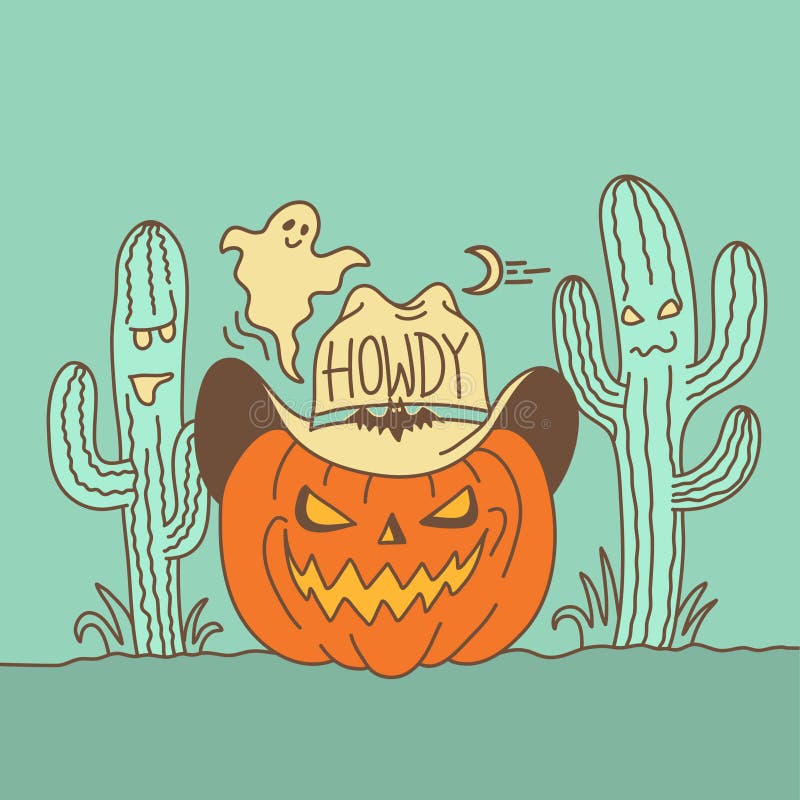 Halloween Pumpkin cowboy vector illustration. Pumpkin wearing cowboy hat with howdy text and American desert cactuses. Vector hand