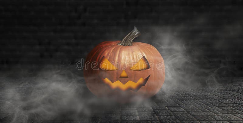 Halloween pumpkin on a dark background with smoke and fog at night