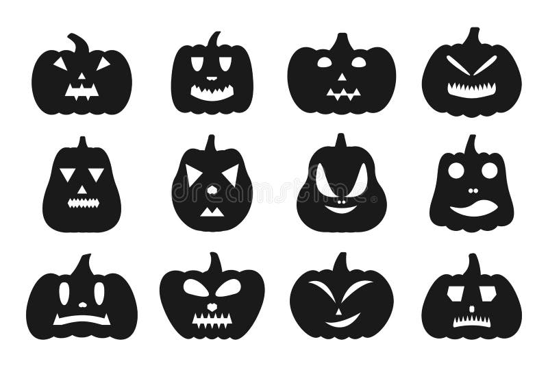 Halloween Pumpkin Face Black Silhouette Icons Set Stock Vector ...