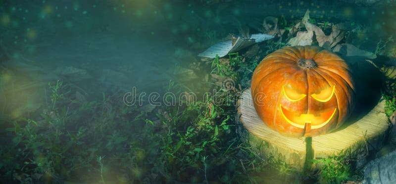 Halloween pumpkin on the ground at night in a mystical forest. Halloween background. Sinister eyes of pumpkins. Halloween party.