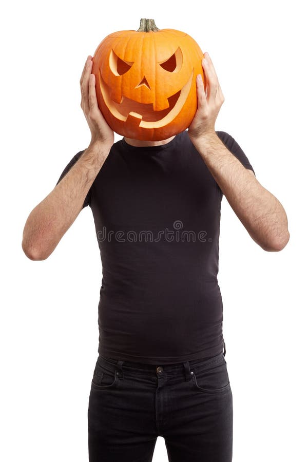 Halloween pumpkin on man head