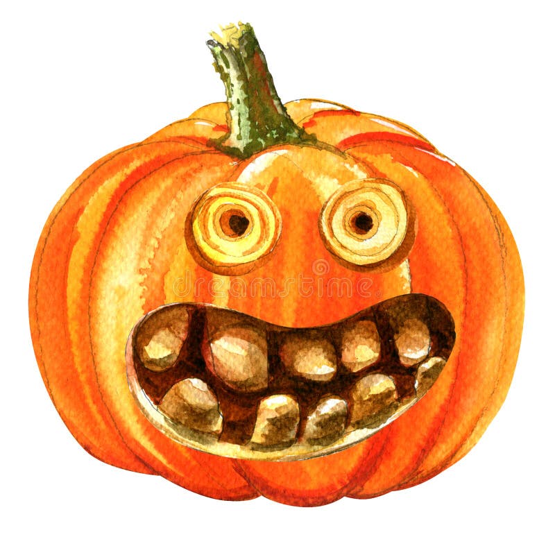 Halloween Pumpkin, Scary Jack O Lantern, isolated, watercolor illustration