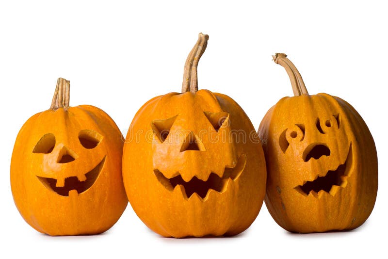 Halloween pumpkin, three funny face isolated on white background.