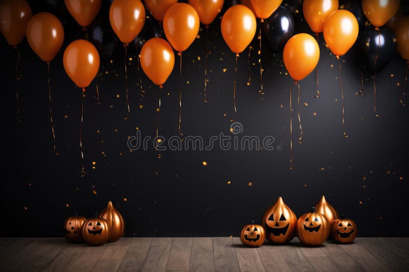 Halloween pumpkins with balloons and confetti. Generative AI AI generated