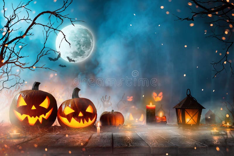 Halloween Pumpkins on Dark Spooky Forest. Stock Image - Image of ...