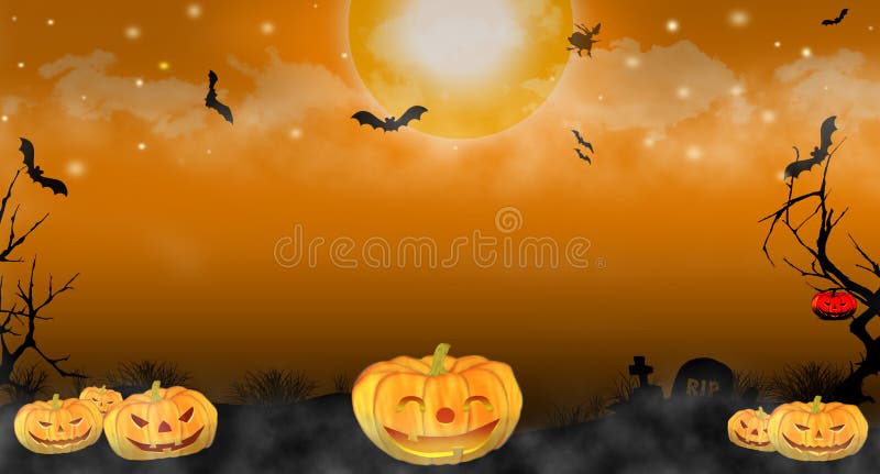 Halloween pumpkins on dark spooky forest. Many bats flying in sky with full moon night. Halloween theme use for wallpaper or background