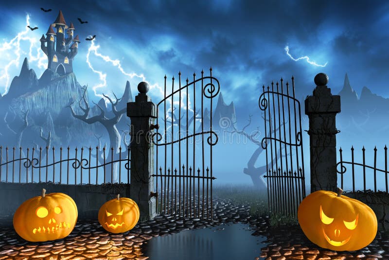 Halloween pumpkins next to a gate of a spooky castle