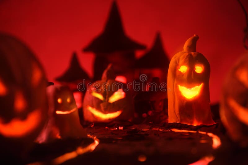Halloween pumpkins of nightly spooky forest and Castle stock photos Halloween pumpkins of nightly spooky forest and Castle stock photos