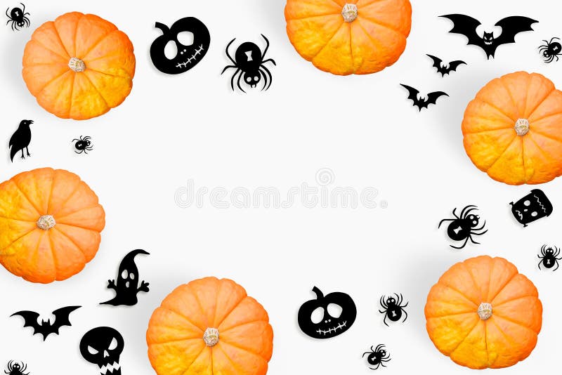 Halloween pumpkins. Scary characters and icons. Halloween concept. Flat lay, copy space, top view, copy space