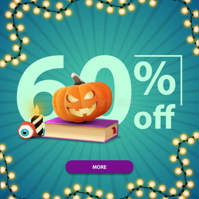 Halloween Sale, Up To 60 Off, Square Blue Discount Banner with Button