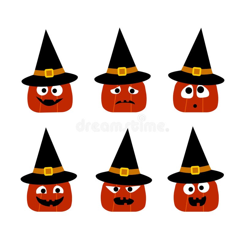 Halloween-Sammlung von 6 netten Kürbisen in den Hexenhüten mit verschiedenen Gesichtern Flache Ikonen des Vektors lizenzfreie abbildung Halloween-Sammlung von 6 netten Kürbisen in den Hexenhüten mit verschiedenen Gesichtern Flache Ikonen des Vektors lizenzfreie abbildung