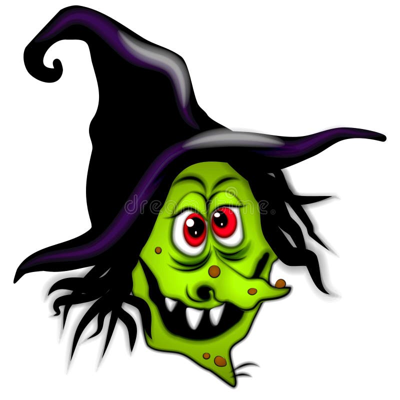 Eine clipart-Darstellung einer halloween Hexe mit hohen schwarzen Hut, grüne Haut mit braunen Warzen, schiefe Nase, rote Augen und großen fiesen grinsen.