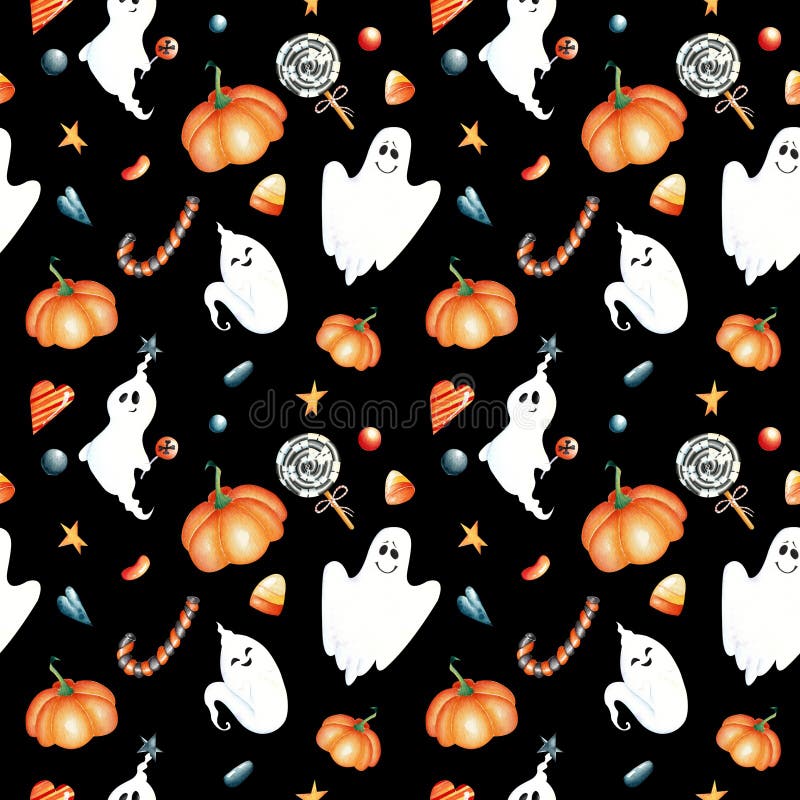 Halloween seamless pattern background with cute little ghosts, pumpkins, candy corn, candies, stars, hearts on dark background. royalty free stock image