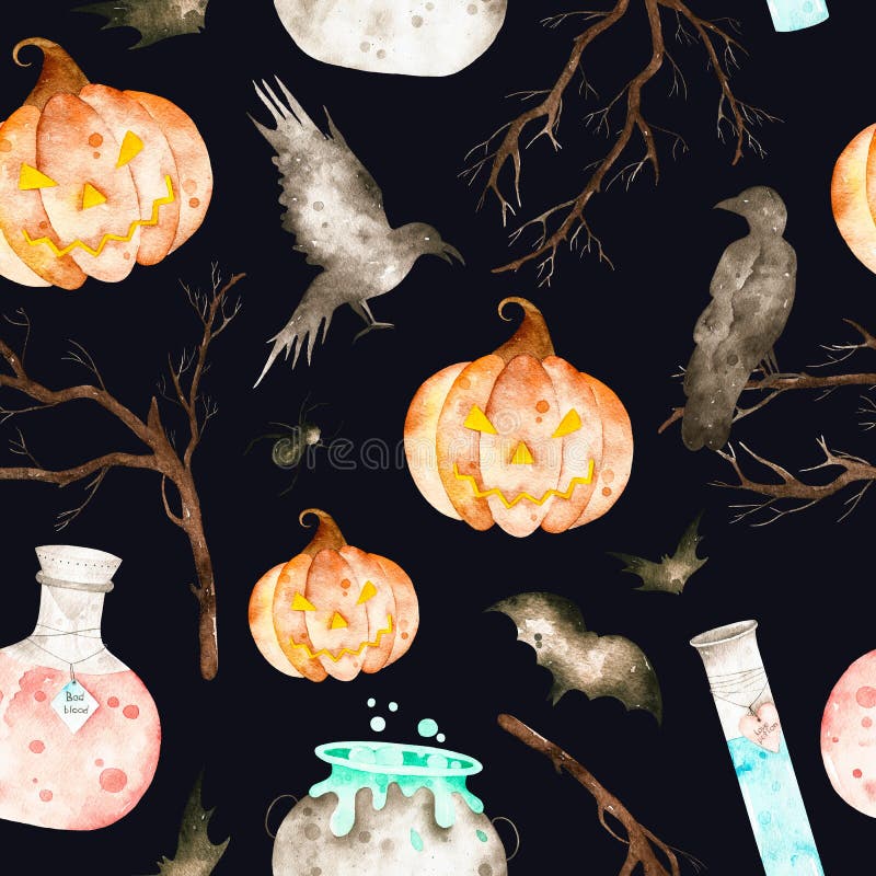This halloween seamless pattern on a black background included magic cauldron,potion bottles,bats,ravens,branches and crazy pumpki vector illustration This halloween seamless pattern on a black background included magic cauldron,potion bottles,bats,ravens,branches and crazy pumpki vector illustration