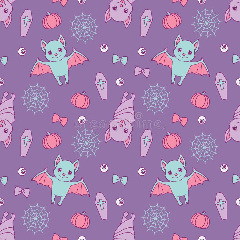 Halloween seamless pattern with cute violet and blue cartoon bats, spiderwebs, ribbons, pumpkins and eyeballs on purple background