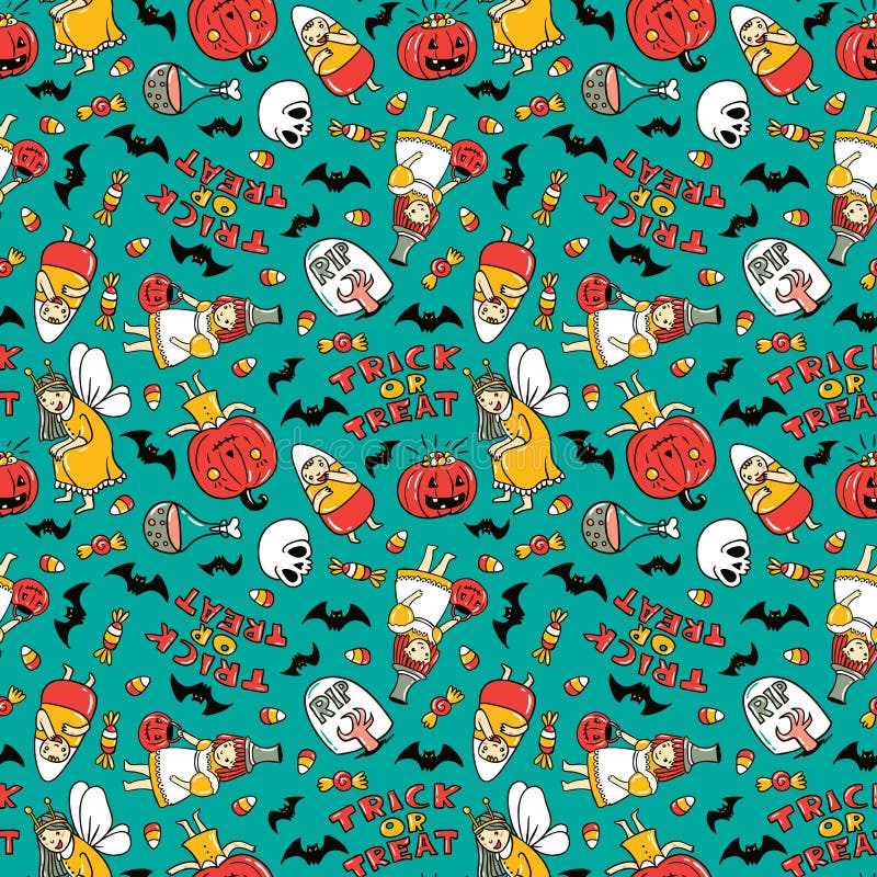 Halloween Seamless Pattern. Kids and Cats in Costumes with Sweets on ...