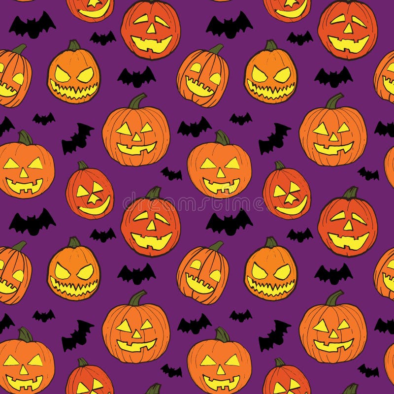 Halloween Seamless Pattern with Orange Pumpkins Carved Faces and Black ...