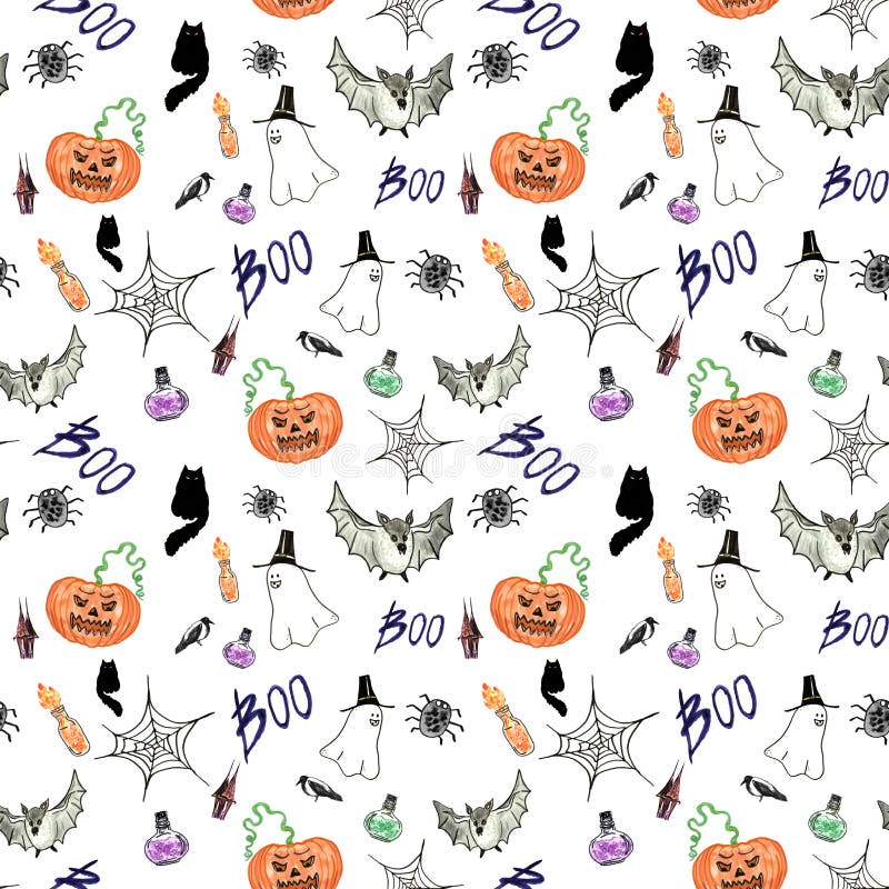 Festive Halloween Seamless Pattern with Hand Painted Symbols of October ...