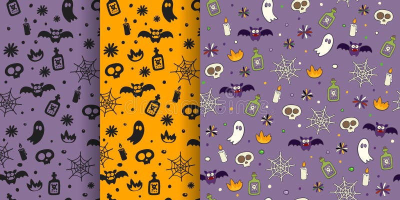 Halloween seamless pattern set with ghost bat web candle poison skull. Endless cartoon background for textile, wrapping, fabric, w