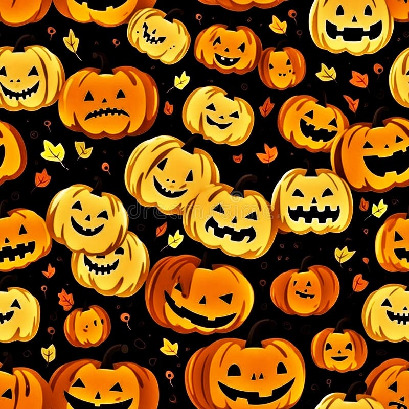 Halloween seamless pattern with yellow and orange Jack o lantern pumpkins and fall leaves on black