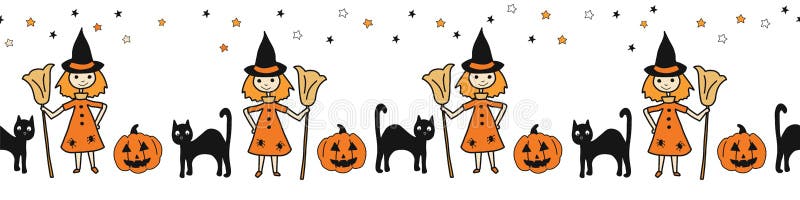 Halloween Seamless Vector Border Witch Black Cat and Pumpkin. Repeating Border Cute Hand Drawn Illustration for Kids Stock Vector - Illustration of children, halloween: 158319800