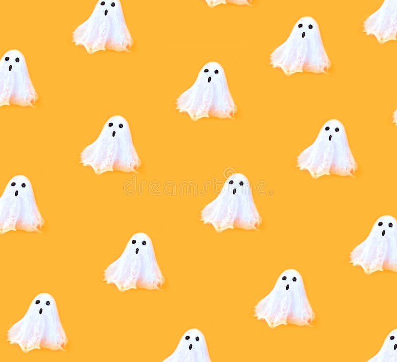 Halloween seamless white spooky ghosts on orange backgrounds. Minimal concept scary autumn