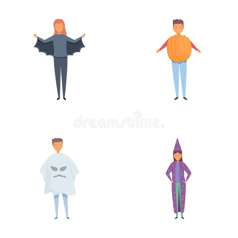 Halloween-semesterikonuppsättning teckningsvektor. barn i roligt halloween-kostym stock illustrationer