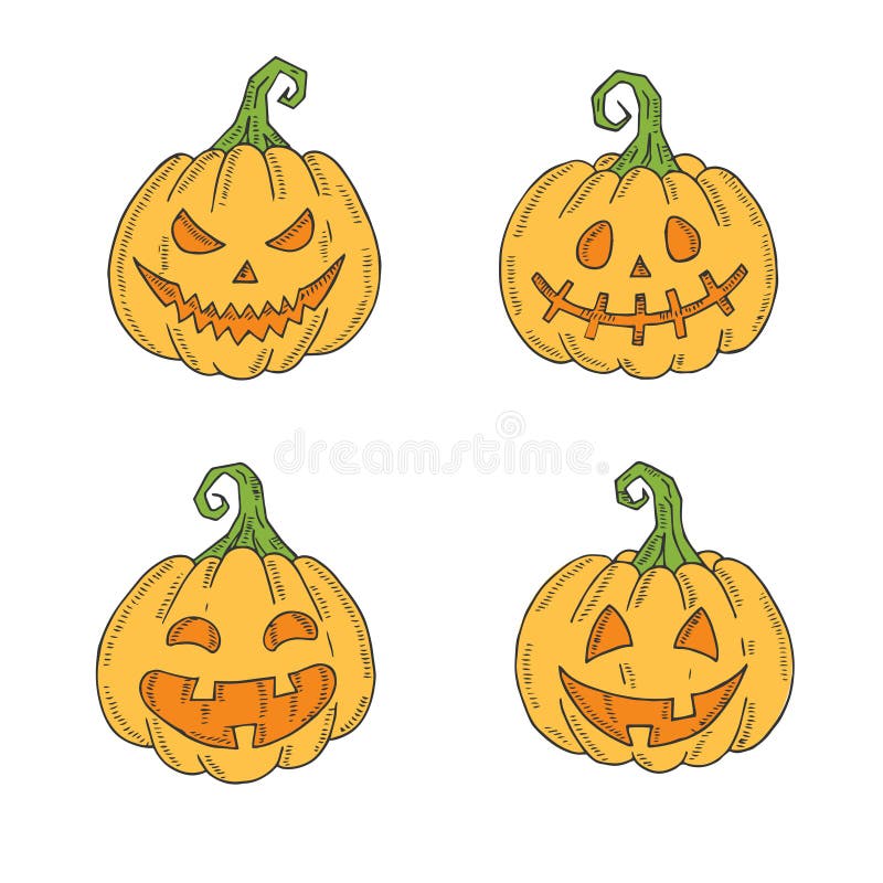 Halloween Set of colored Jack lamp in sketch style isolated on white. Festive objects for packages, backgrounds, web pages royalty free illustration
