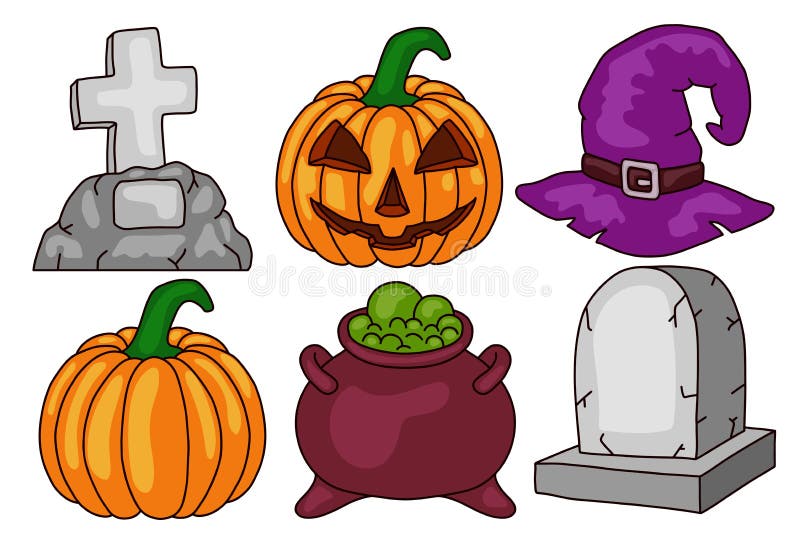 Halloween set. Scary pumpkin, cauldron and witch hat, gravestone. Isolated on white background. Design element. vector illustration Halloween set. Scary pumpkin, cauldron and witch hat, gravestone. Isolated on white background. Design element. vector illustration