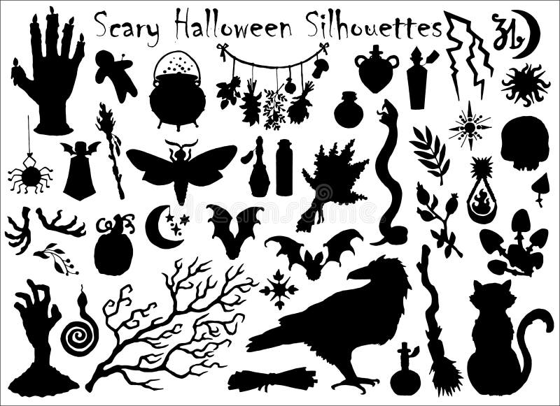 Halloween set with traditional scary silhouettes of crow, pumpkin, cat and others royalty free illustration